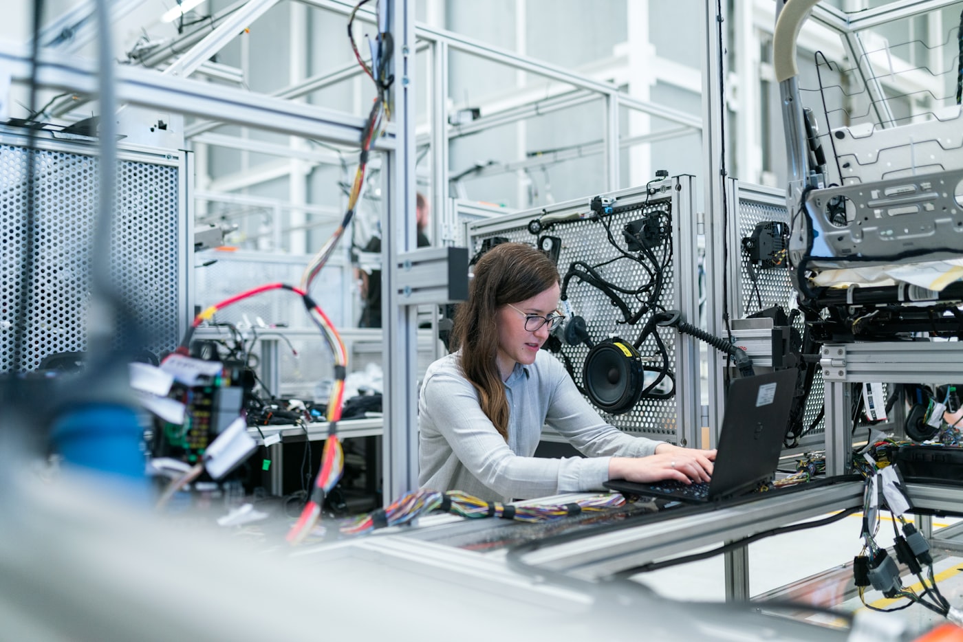 Engineers working at hardware lab bench